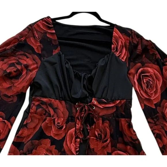 Rose Print Womens Top Red Black Tie Bodice Dramatic Sleeve Fairy Goth Grunge 1X - Picture 2 of 6